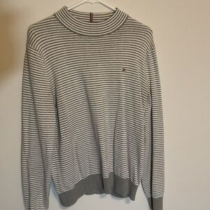 Tommy Hilfiger Gray and White Striped Turtleneck Sweater